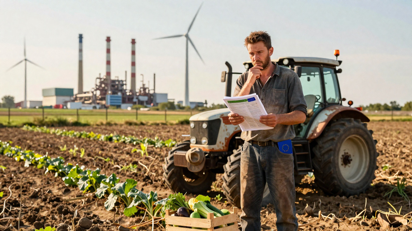 Farmer reading documents in field with tractor, crops, wind turbines, and industrial plant in background.