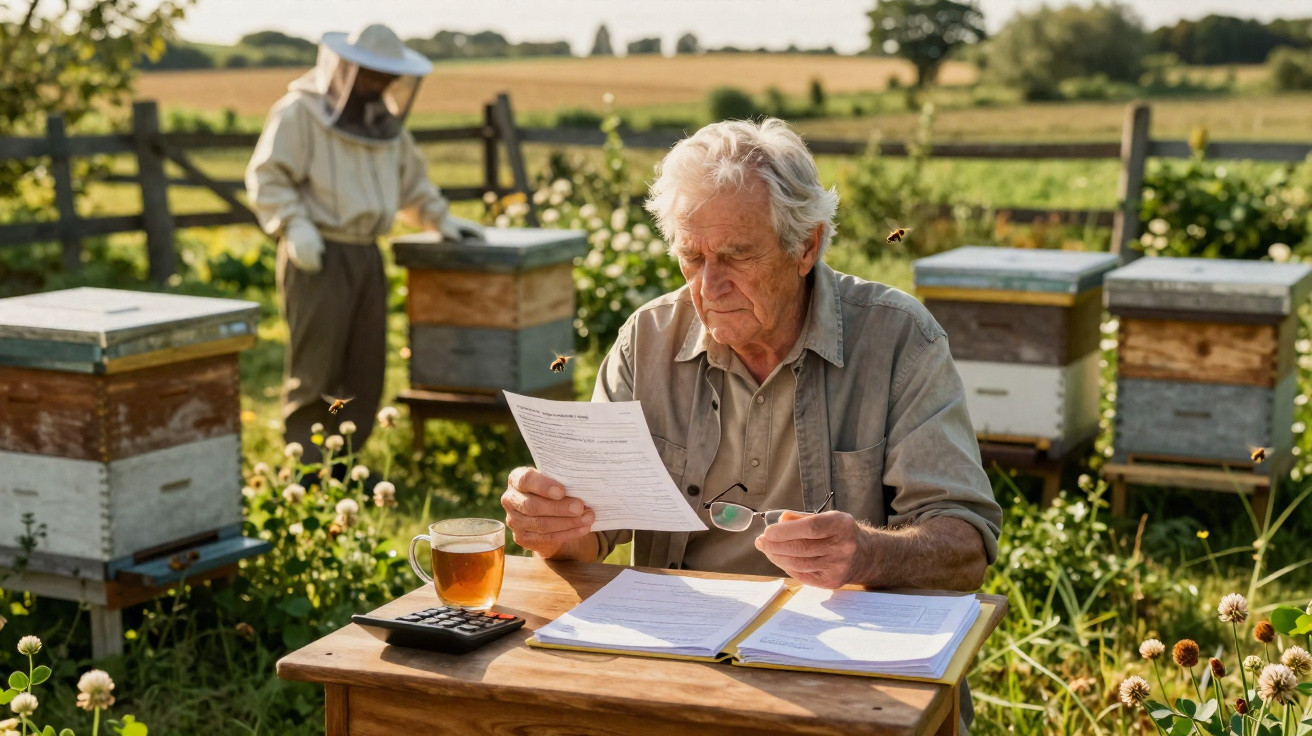 Elderly man reading documents at a table in a garden with a beekeeper working near beehives in the background.