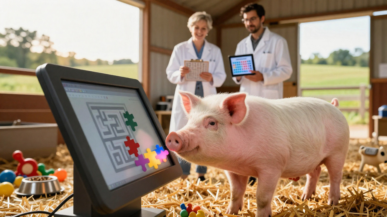 Pig interacting with touchscreen puzzle game while two scientists observe in a barn.