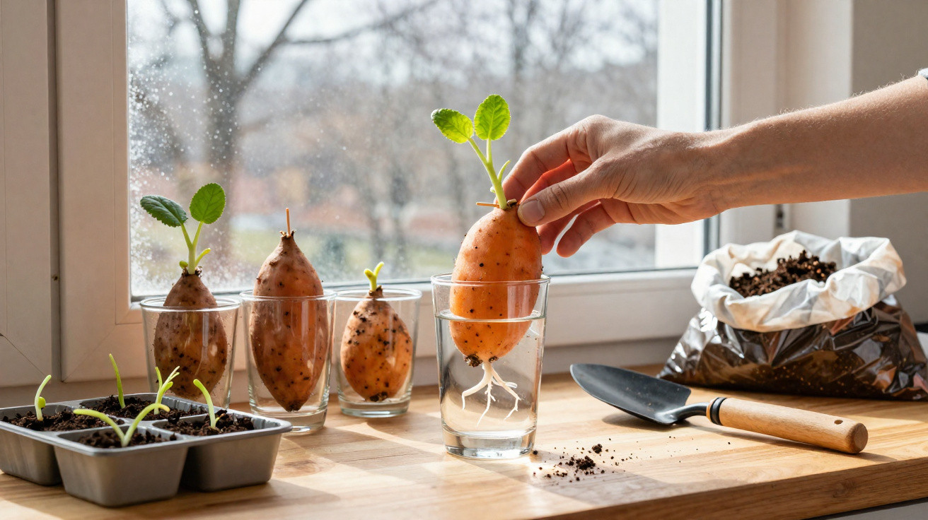 Hand holding a sprouting sweet potato growing roots in a glass of water on a windowsill with plants and soil.