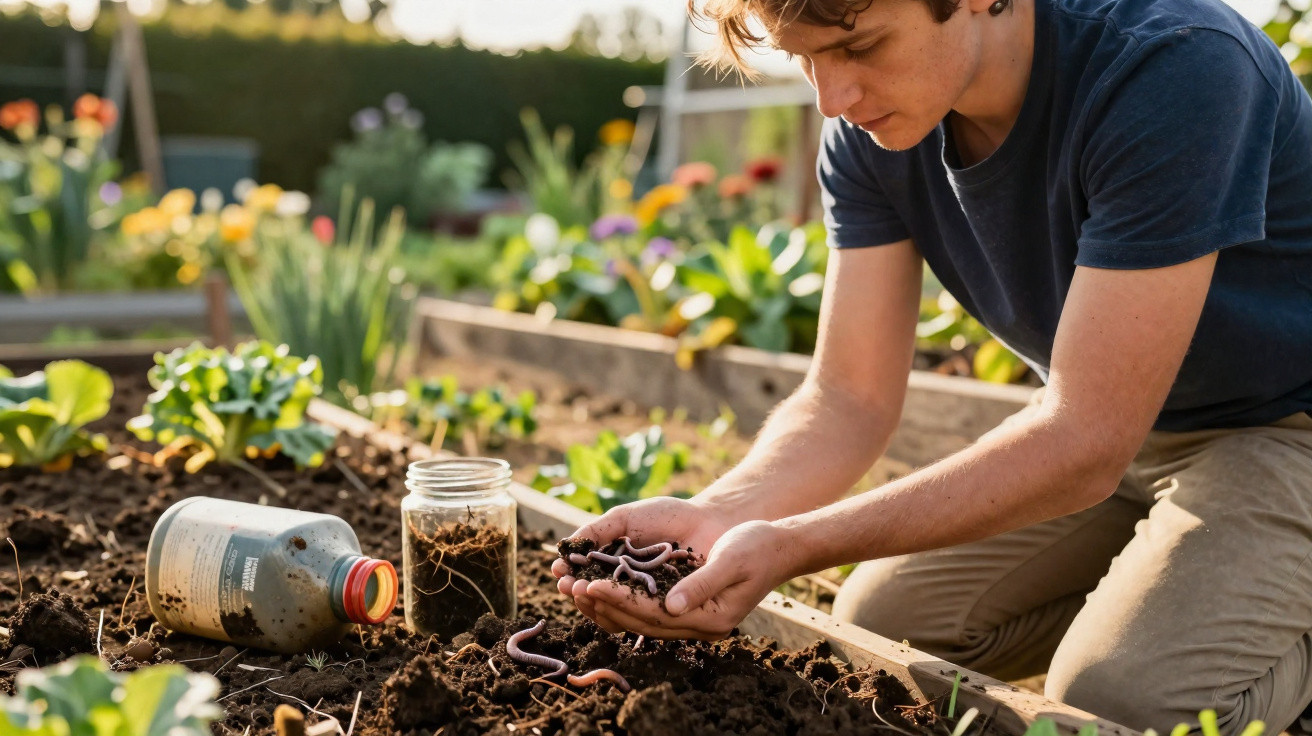 Person holding earthworms in a raised garden bed with plants, soil testing jar, and fertiliser bottle nearby.