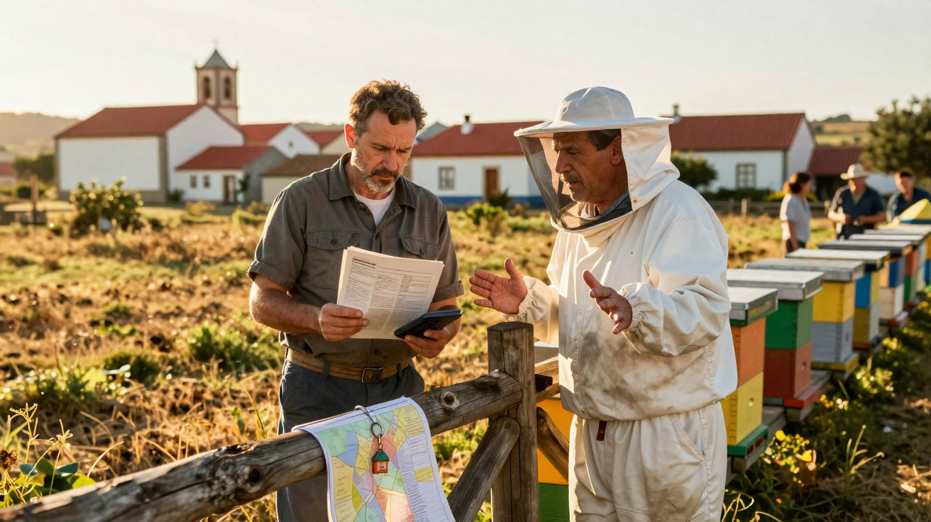 Two men examining documents by colourful beehives in a sunny rural apiary setting.