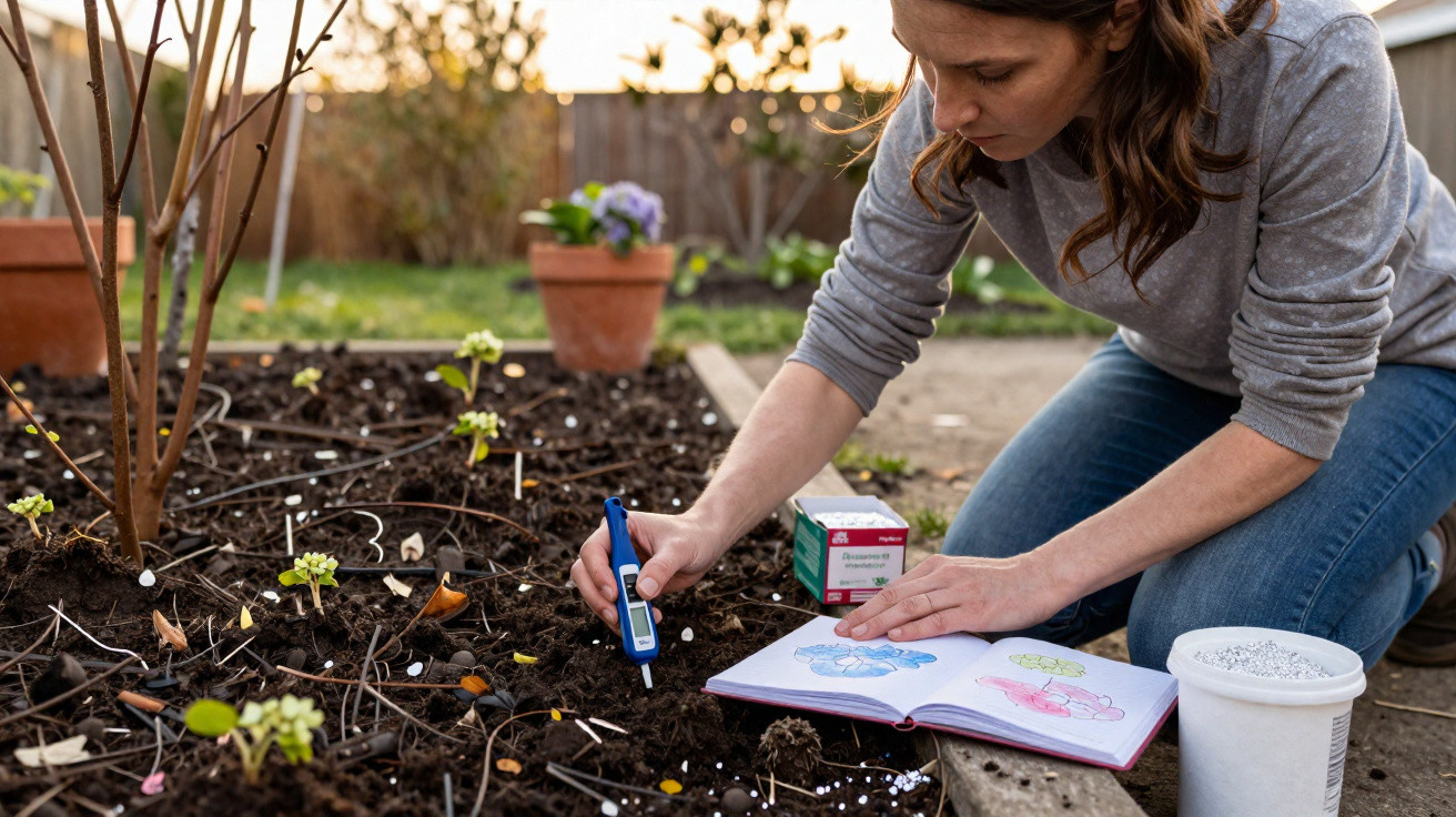 Woman testing soil moisture in a garden bed with seedlings and a gardening notebook nearby.
