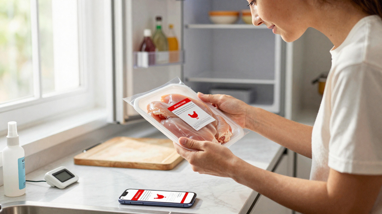Person checking a package of raw chicken breast in a kitchen with a smartphone displaying related product information.