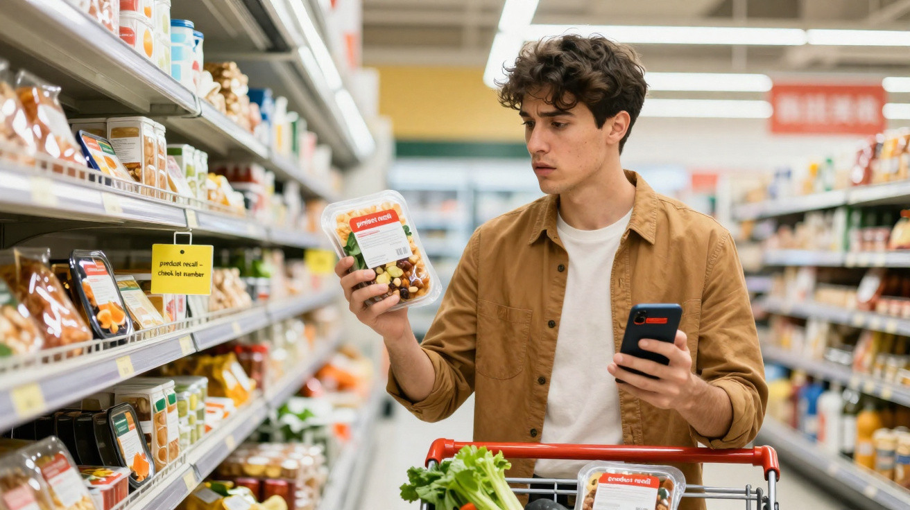 Young man in brown jacket shopping for packaged salad in supermarket aisle, holding phone and trolley with groceries.