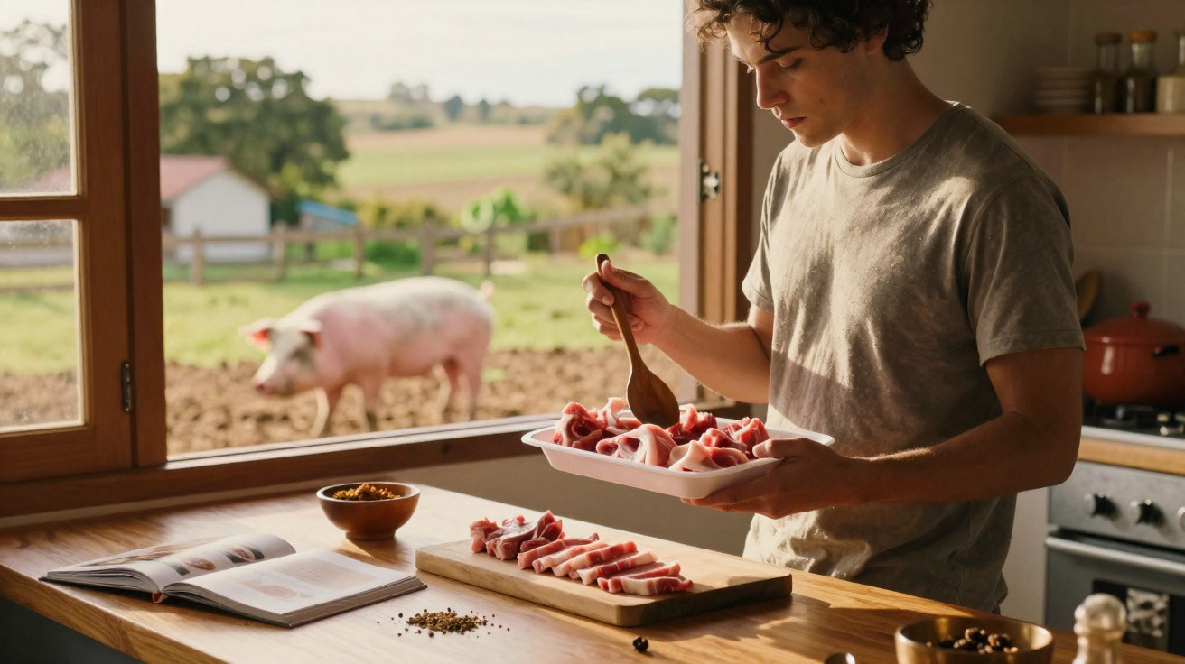 Young man preparing raw pork in kitchen with pig visible outside the window on a sunny day