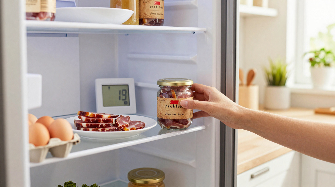 Hand reaching into fridge to grab a jar of pickled vegetables with sliced meat and eggs inside fridge.