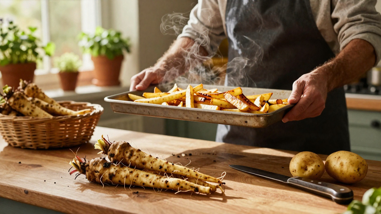 Person holding a tray of steaming roasted parsnip and potato fries in a kitchen setting.