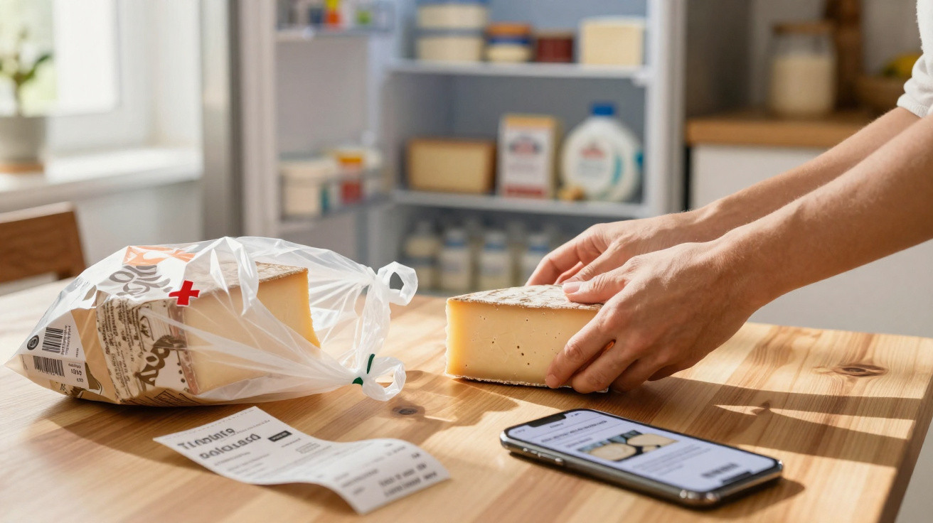 Person slicing cheese on a wooden table with a packaged cheese block, receipt, and smartphone nearby.