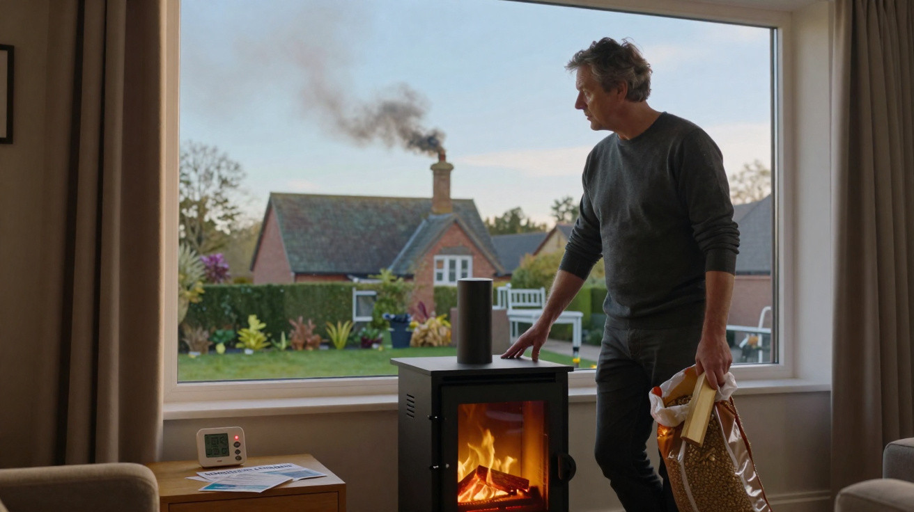 Man standing by a lit wood stove inside a house, holding a bag of firewood with a garden outside the window.