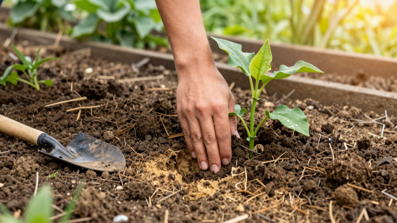 Hand planting a young green seedling in soil with a small gardening trowel nearby in a garden bed.
