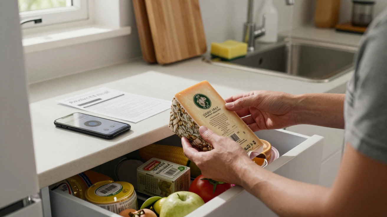 Person holding a pack of cheese above a kitchen drawer filled with food items and a phone on the counter.