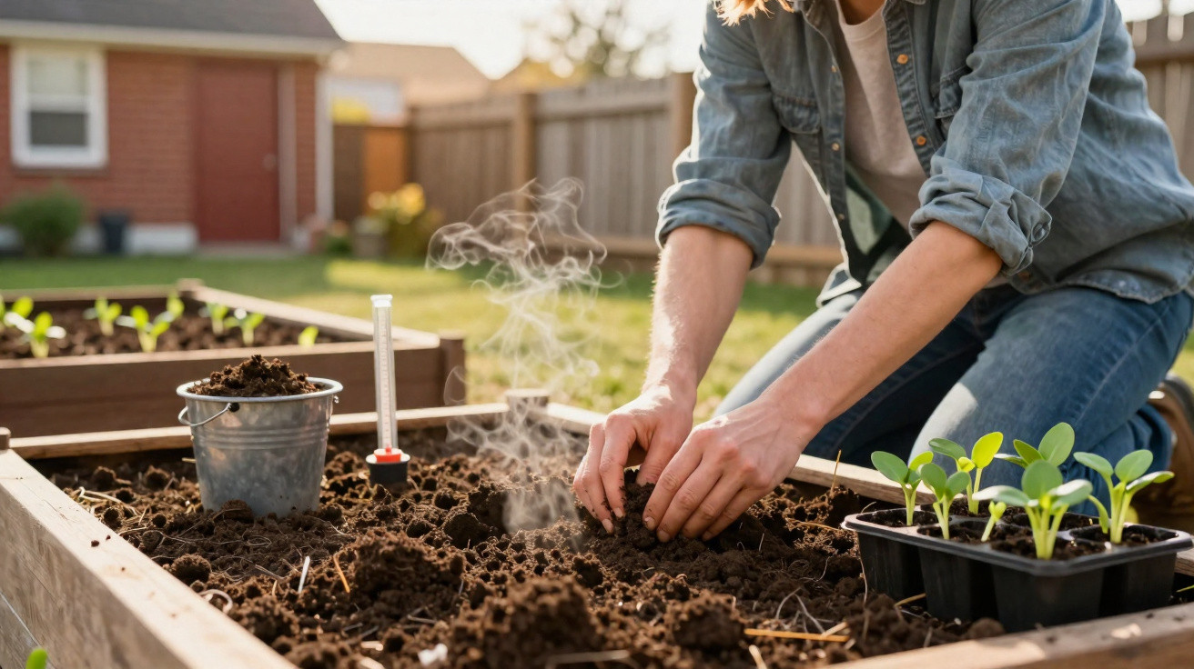 Person planting seedlings in a raised garden bed with soil and a thermometer in a sunny backyard.