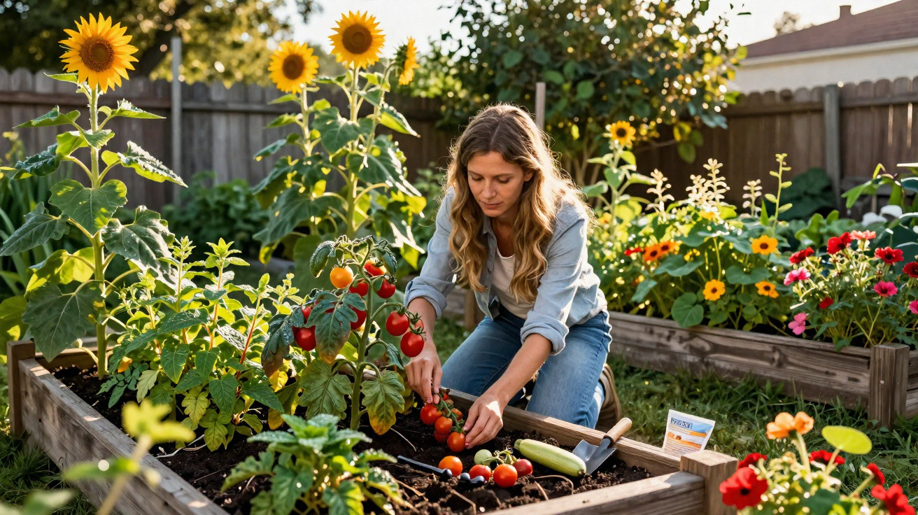 Woman harvesting ripe cherry tomatoes in a raised garden bed surrounded by sunflowers and other flowering plants.