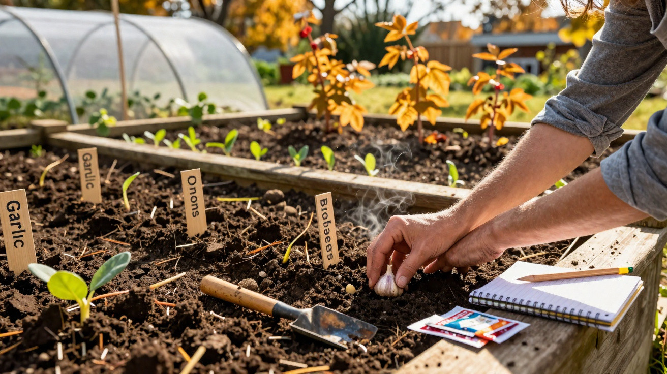 Person planting garlic cloves in a raised garden bed with labelled plant markers and gardening tools nearby.