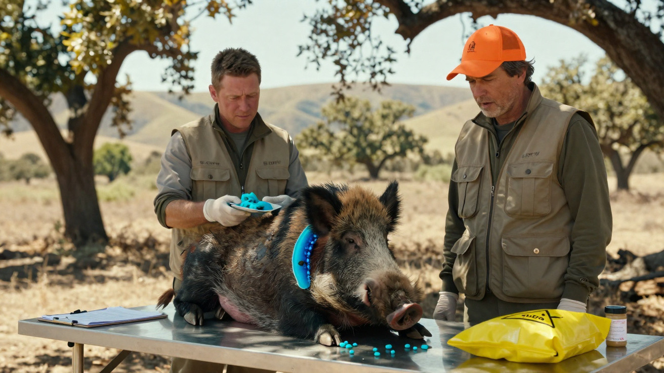 Two men inspecting a wild boar with a blue tracking collar on a metal table outdoors.