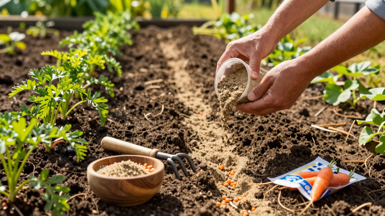Hands sprinkling fertiliser on soil in a garden bed with seedlings, a garden fork, and carrot seeds nearby.