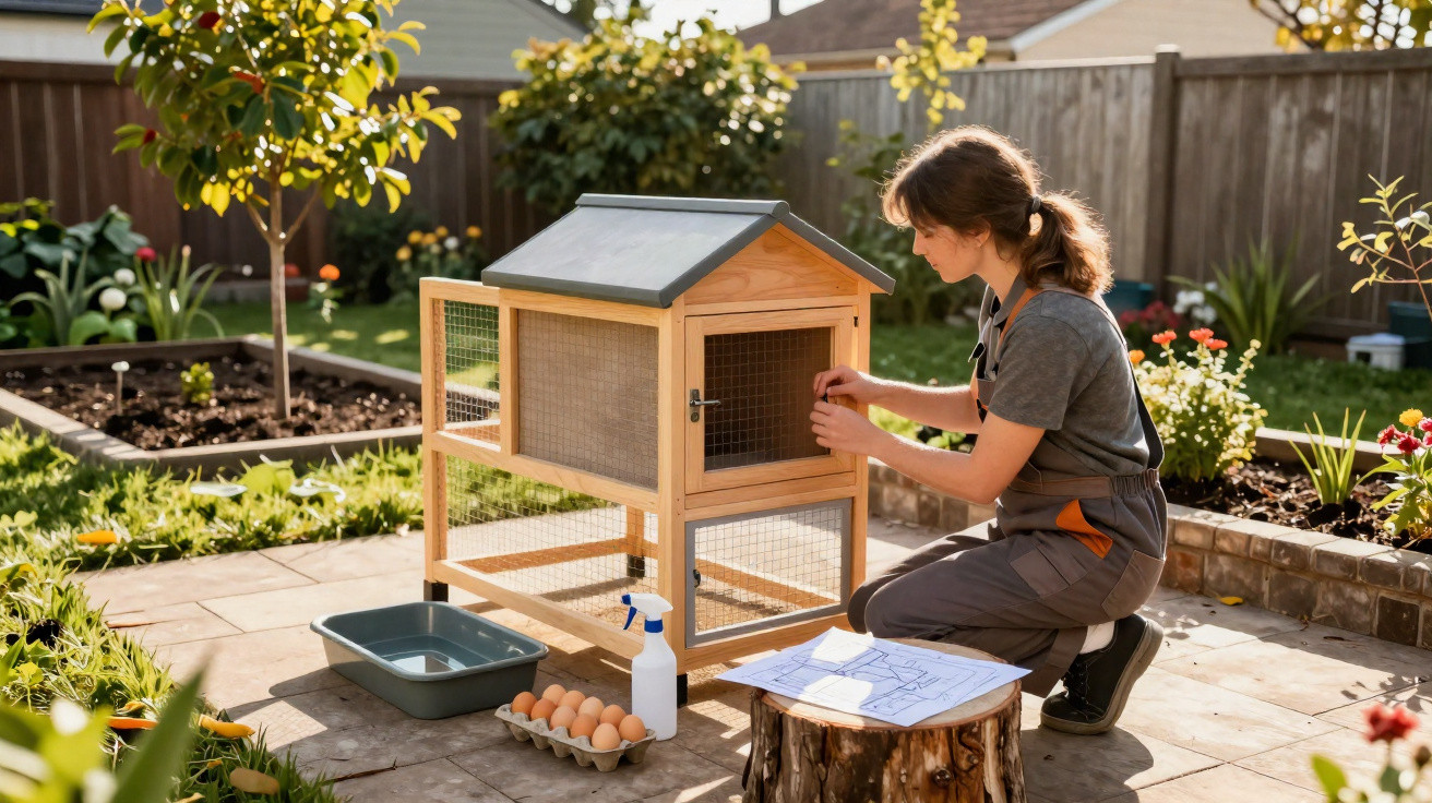 Woman tending to a wooden chicken coop in a sunny garden, with eggs and cleaning supplies nearby.
