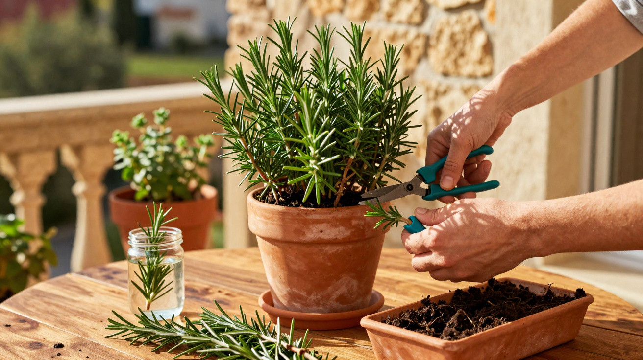Person pruning rosemary plant in a terracotta pot on a wooden table outdoors in sunlight