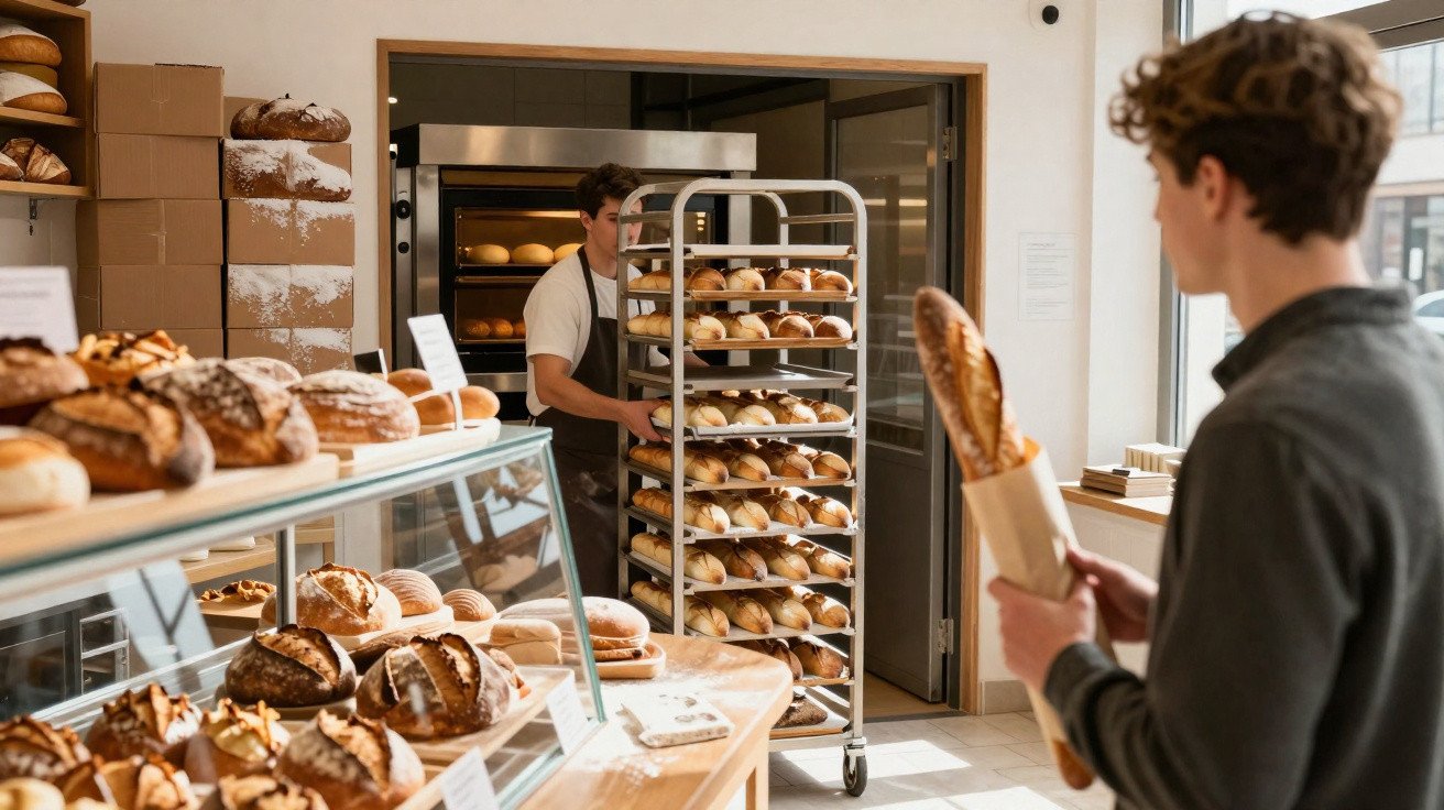 Customer holding a baguette in a bakery while a baker pushes a rack full of freshly baked bread.