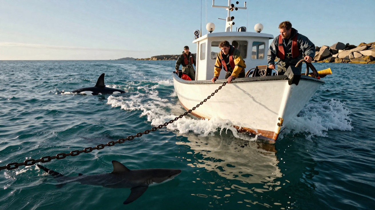 Three men on a boat pulling a chain attached to a shark in the sea near rocky shores.