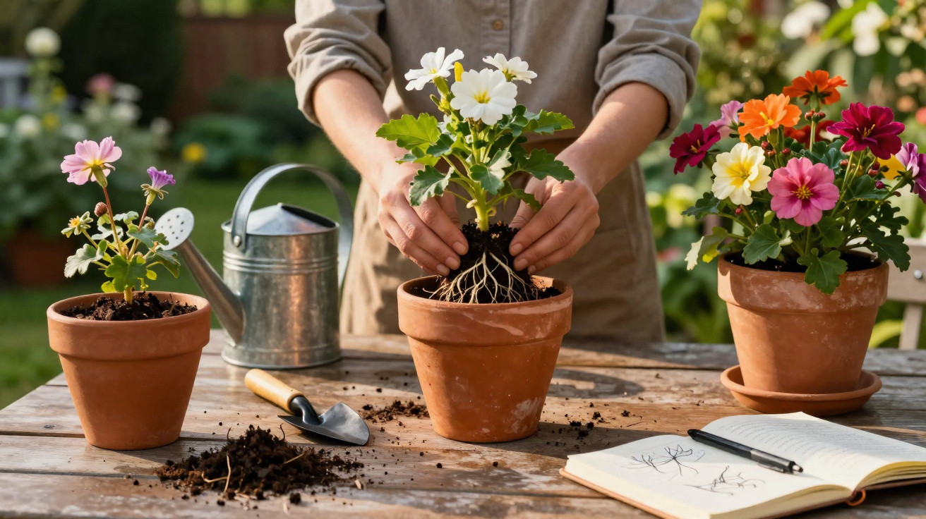 Person planting white primrose flowers in a terracotta pot on a wooden table outdoors.