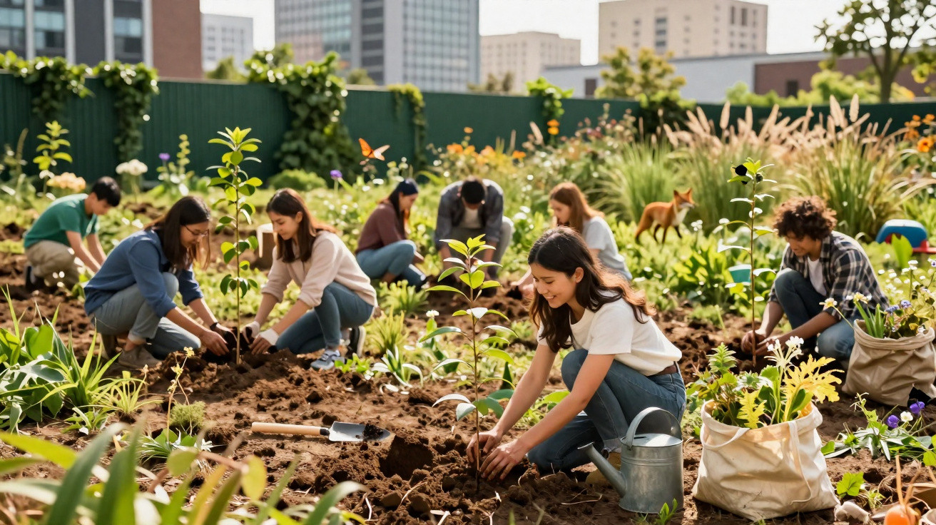 Group of diverse young people planting saplings and gardening together in an urban community garden on a sunny day.