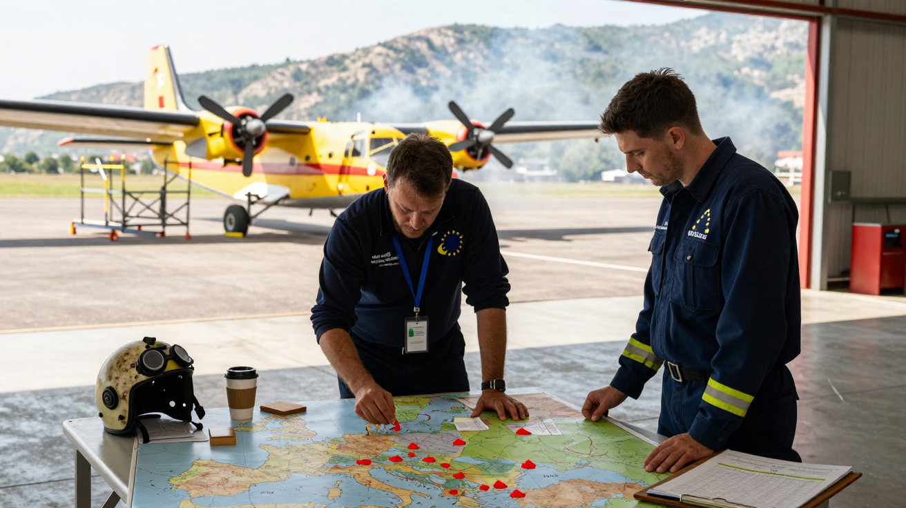 Two firefighters in uniform planning over a Europe map near a firefighting plane in a hangar.