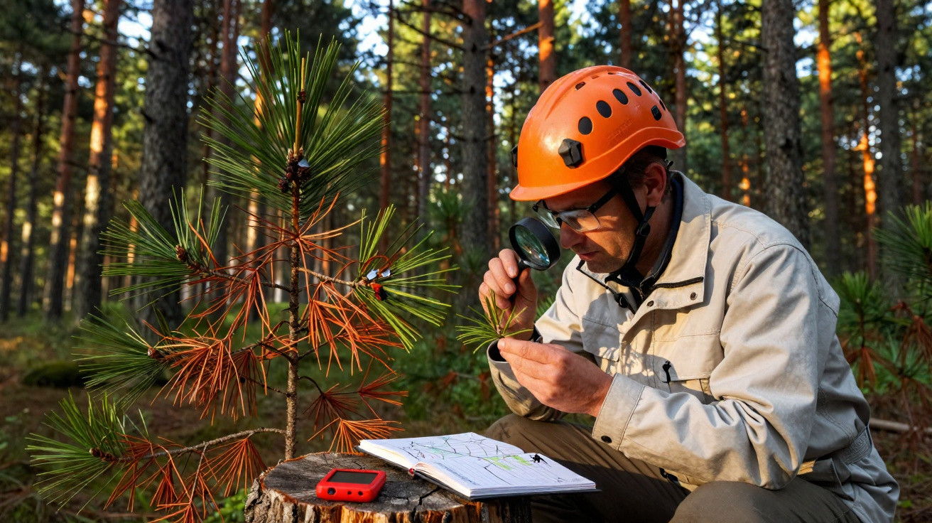 Forester in orange helmet examining pine tree with magnifying glass in forest, notebook and device on stump.