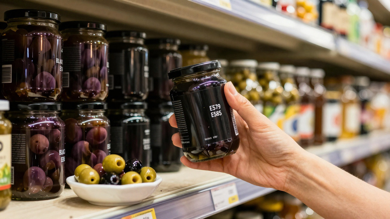 Hand holding a jar of black olives on a supermarket shelf with other jars and a bowl of olives nearby.