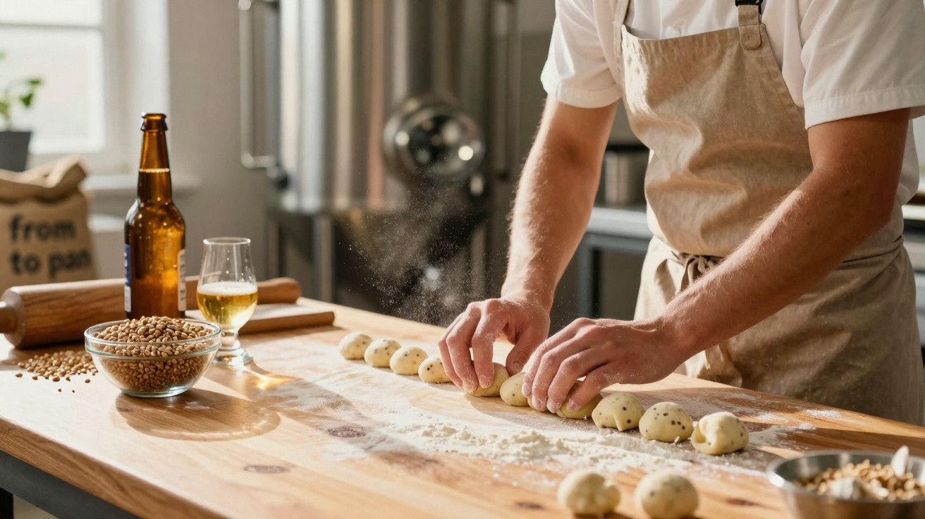 Person shaping dough pieces on a floured wooden table in a bright, modern kitchen.