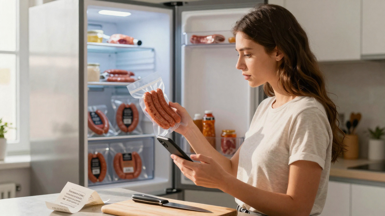 Woman checking sausages from fridge while using smartphone in a modern kitchen with natural light.