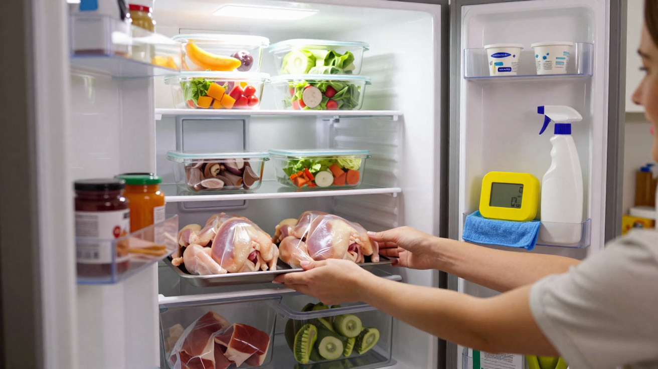 Person placing raw chickens on a tray inside a fridge stocked with vegetables and food containers.
