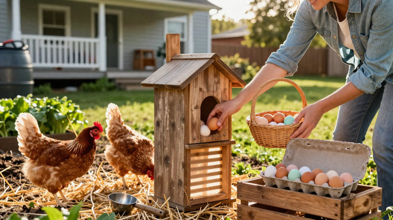 Person collecting fresh eggs from a wooden chicken coop with hens nearby in a garden.