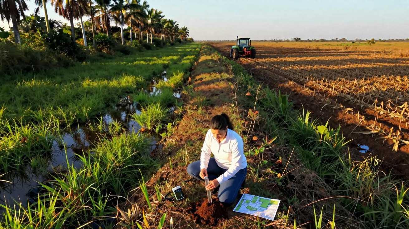 Woman examining soil near irrigated and dry fields with a tractor in the background under clear sky