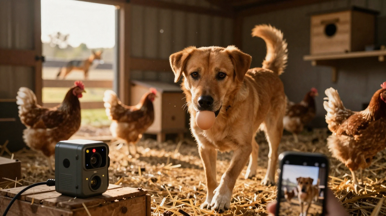 Golden-brown dog holding an egg in its mouth, surrounded by chickens inside a barn with straw on the ground.