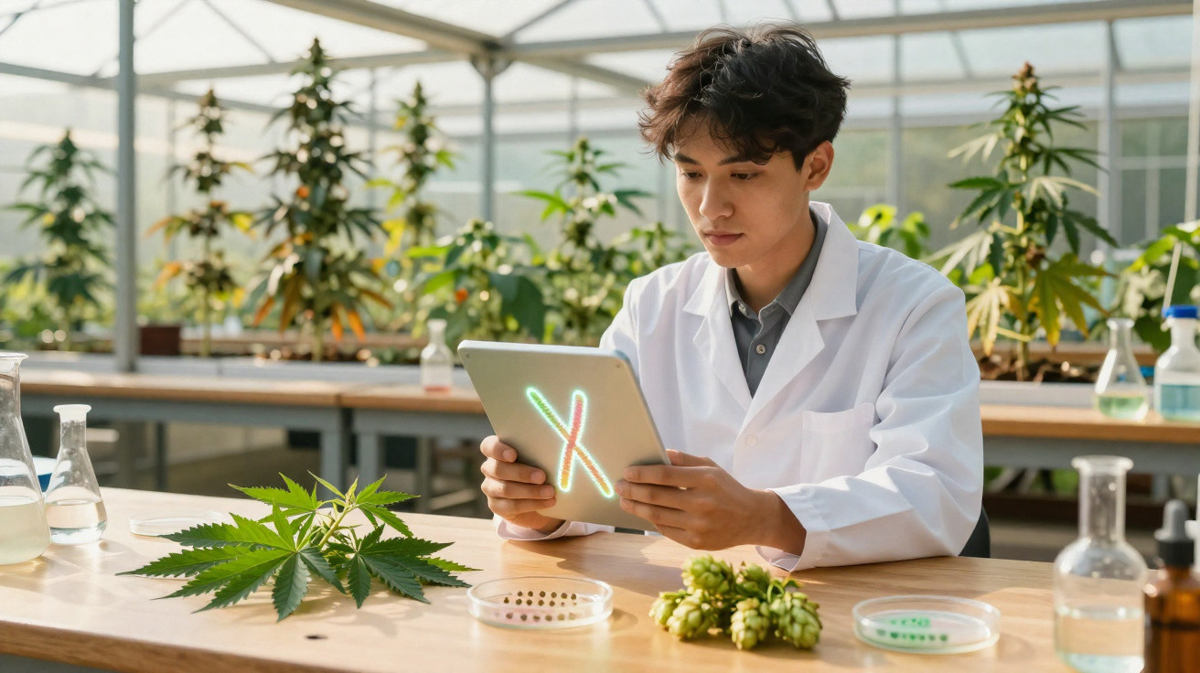 Scientist in a lab coat examining cannabis leaves and plants using a digital tablet in a greenhouse.