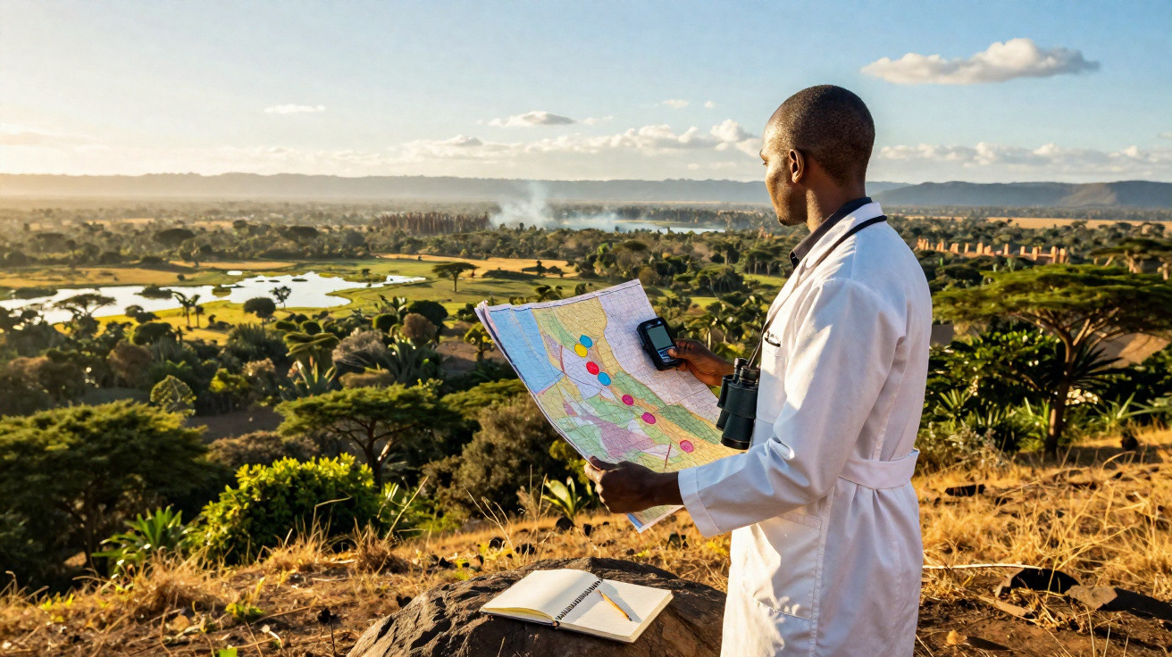 Scientist in white coat studying map and GPS device overlooking a lush landscape at sunset.