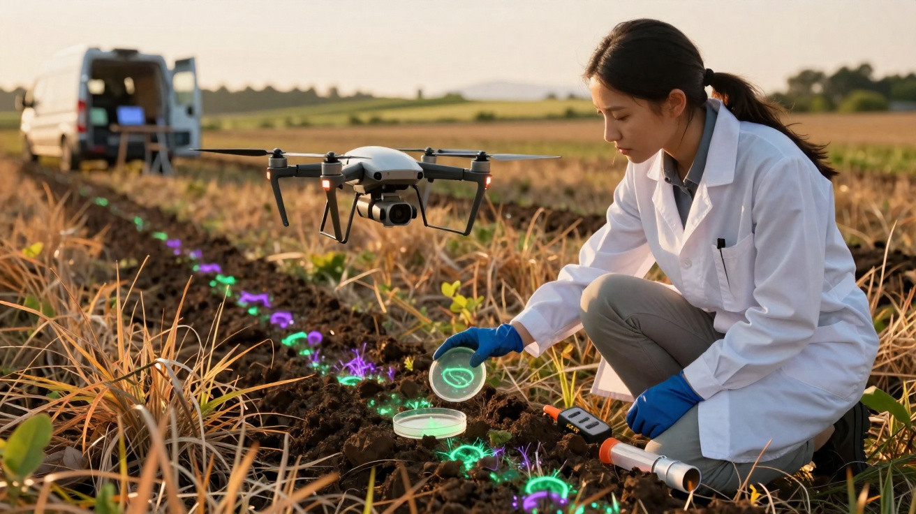 Scientist in white coat analysing soil samples in field with drone and glowing digital plant graphics.