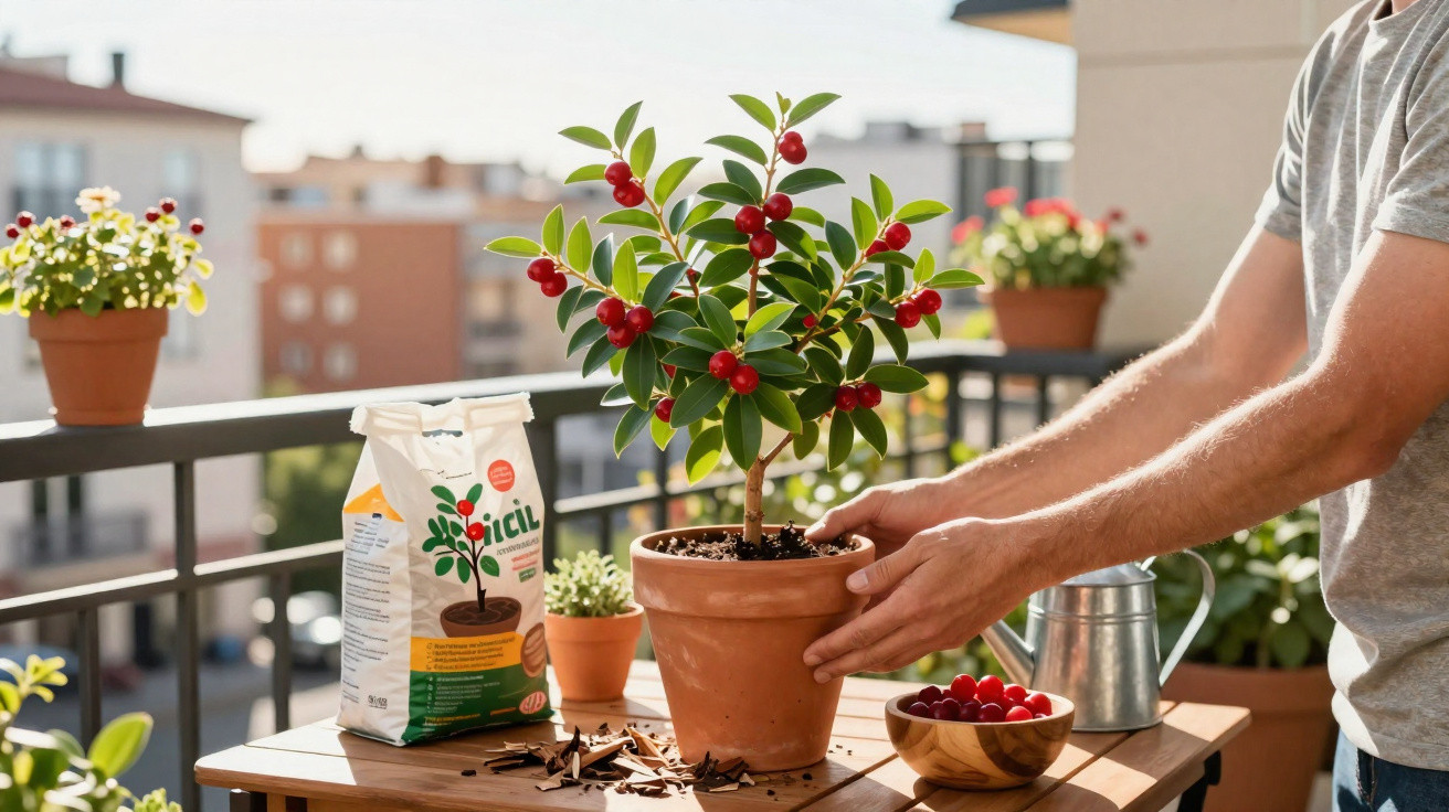 Person tending to a potted cherry plant on a balcony table with gardening supplies and red cherries.