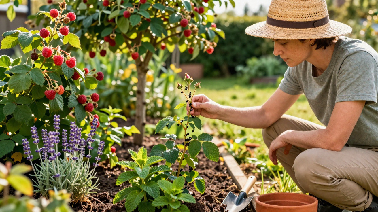 Woman wearing a straw hat tending to plants in a garden with raspberries and lavender in the background.