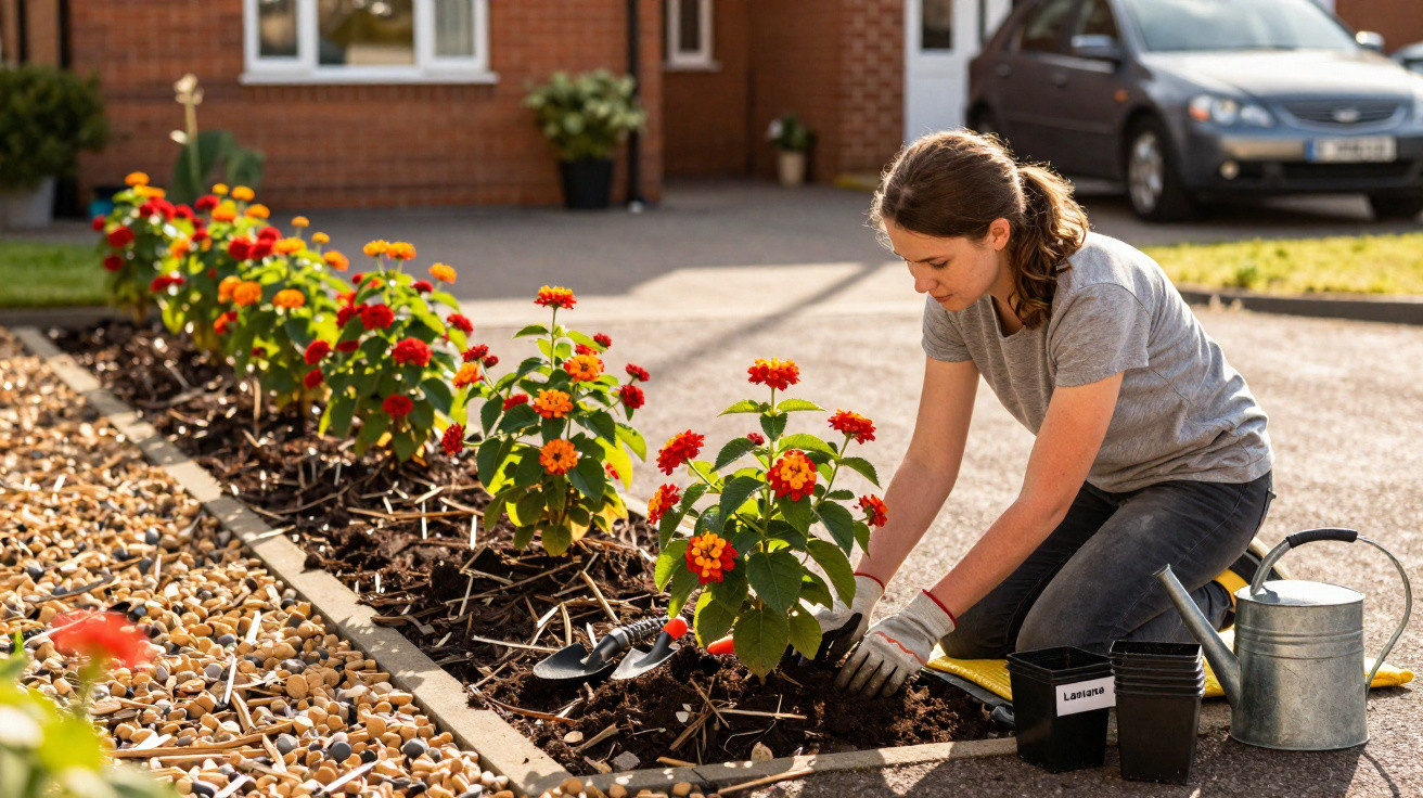 Woman planting colourful flowers in a garden bed beside a pebble path outside a house on a sunny day.