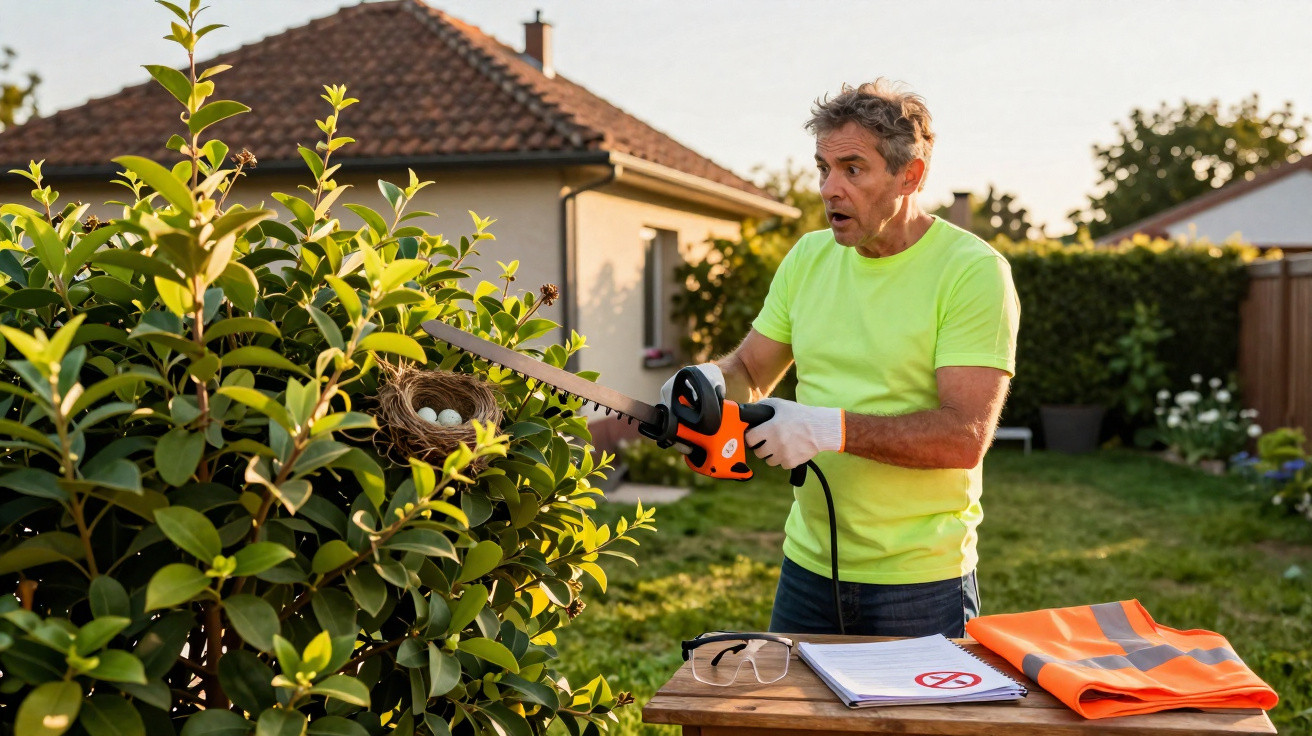Man using electric hedge trimmer discovers a bird’s nest with eggs in a garden bush, looking surprised.