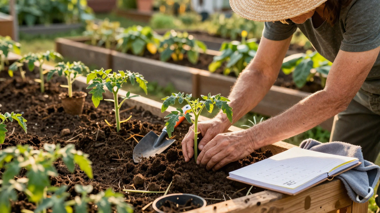 Person planting young tomato plants in soil in raised garden bed with gardening trowel and notebook nearby