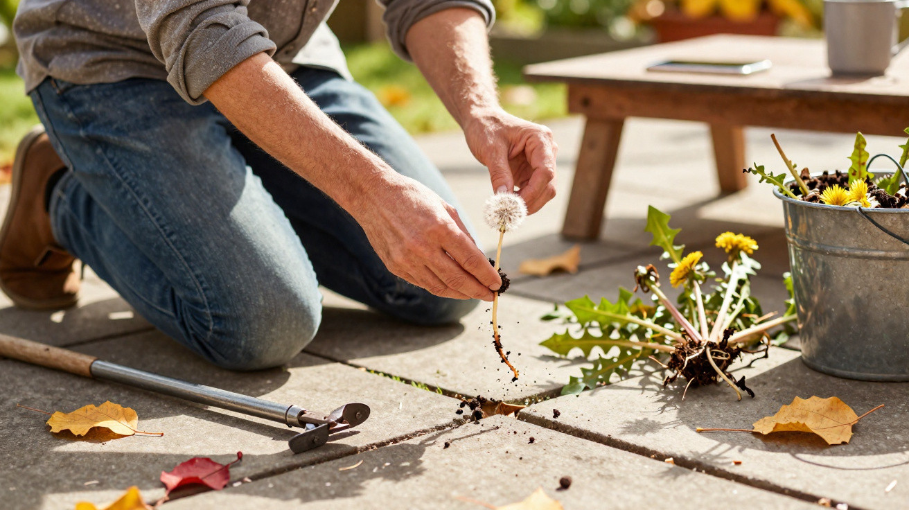 Person kneeling on patio removing dandelion with roots, gardening tools and metal bucket nearby.