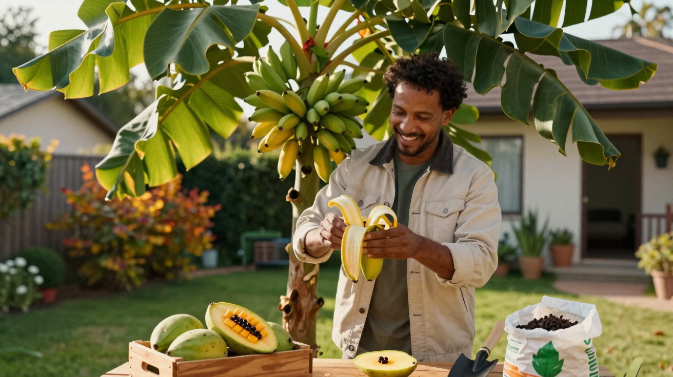 Man peeling a banana beside a wooden crate of papayas in a sunny backyard garden with a banana tree.