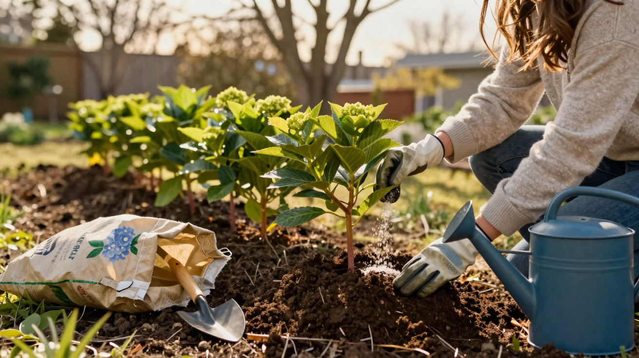 Person wearing gloves watering young plants in a garden with a watering can and gardening tools nearby.
