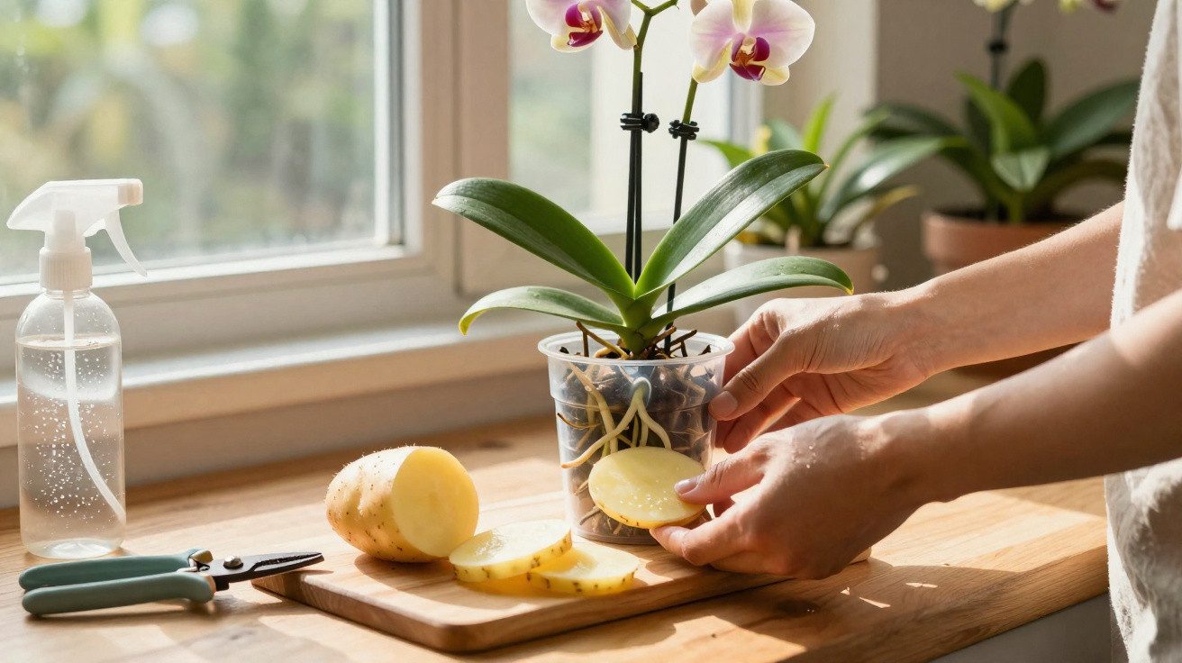 Hands placing potato slices against an orchid plant's roots on a wooden table by a window.