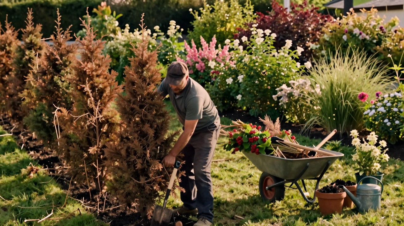 Man planting or digging near a row of brown trees in a colourful garden with gardening tools nearby