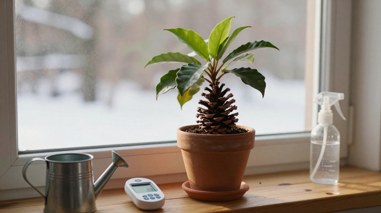 Terracotta pot with green-leafed plant on windowsill next to watering can, thermometer, and spray bottle.